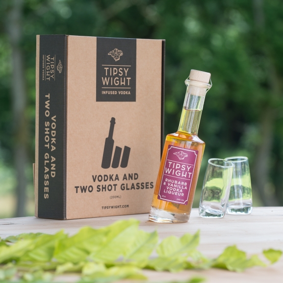 Rhubarb & Vanilla Vodka Liqueur & Two Shot Glasses Image